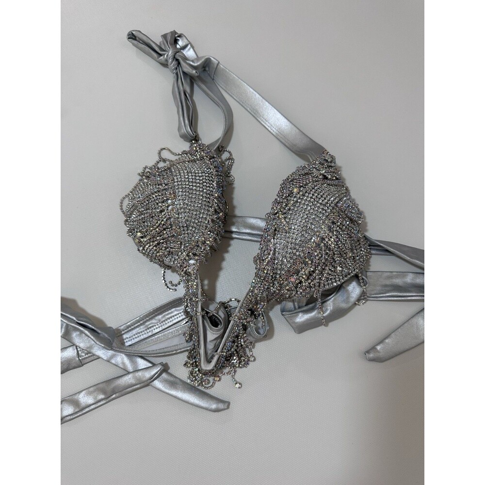 Women's Silver Belly Dance Bra Top with Beaded Sequin Fringe, Satin Straps - Picture 2 of 4
